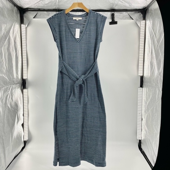 NWT Loft Striped Tie Waist V-Neck Midi Dress - 100% Cotton Blue Neutral - Picture 2 of 12